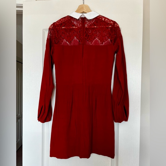 Abercrombie & Fitch Collared Lace Trim Long Sleeve Dress with Bow in Red Sz M - Picture 2 of 3